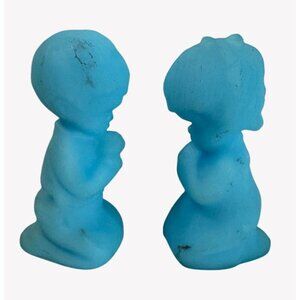 Vintage Fenton Praying Kneeling Children Satin Blue Boy Girl 4" With Sticker